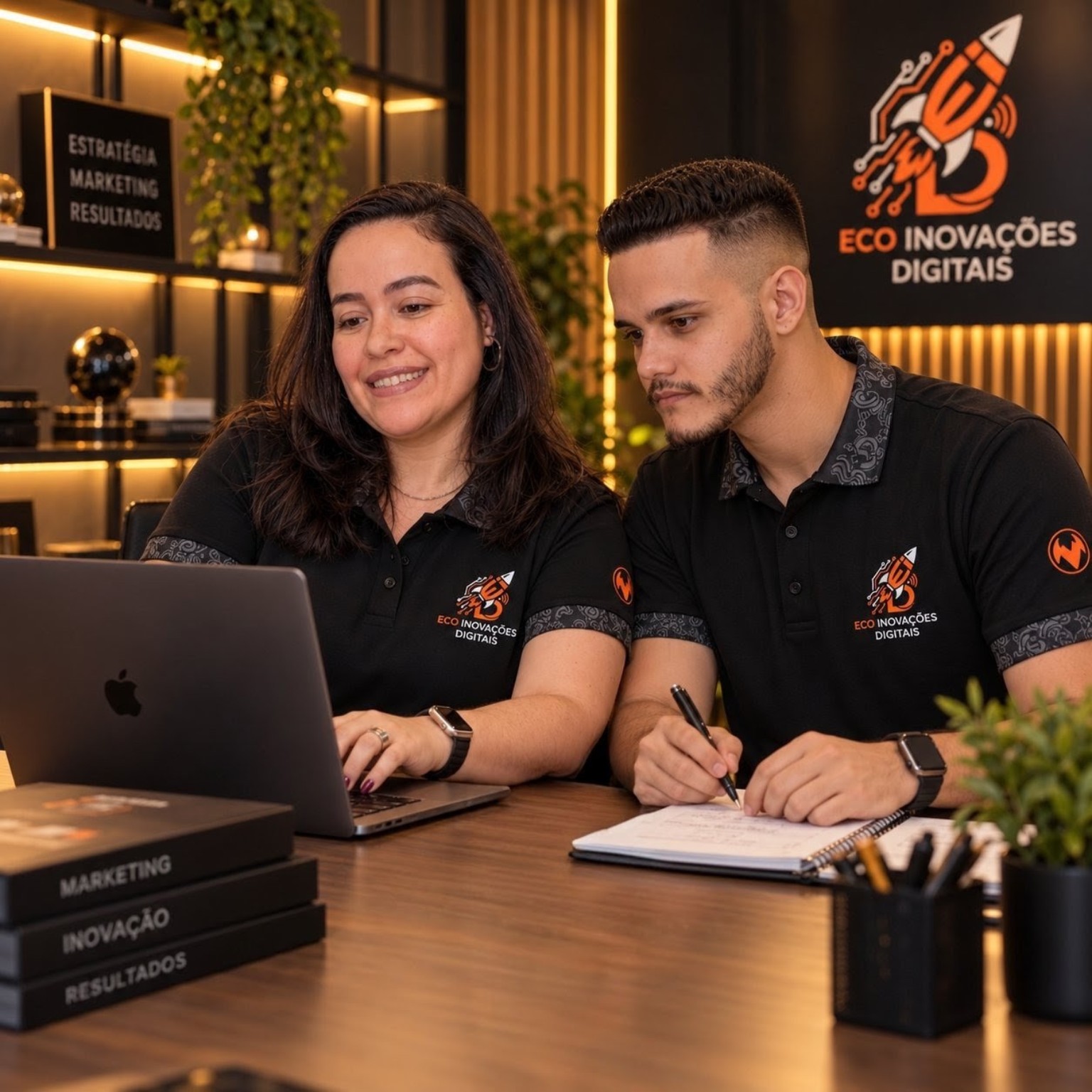 Matheus Salles e Ana Carolina trabalhando juntos na Eco Inovações Digitais
